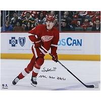 Simon Edvinsson Detroit Red Wings Autographed 16" x 20" NHL Debut Red Jersey Skating Photograph with "NHL Debut 3-18-23" Inscription
