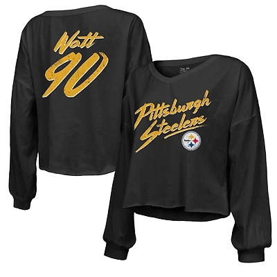 Women's Majestic Threads T.J. Watt Black Pittsburgh Steelers Name & Number Off-Shoulder Script Cropped Long Sleeve Relaxed V-Neck T-Shirt