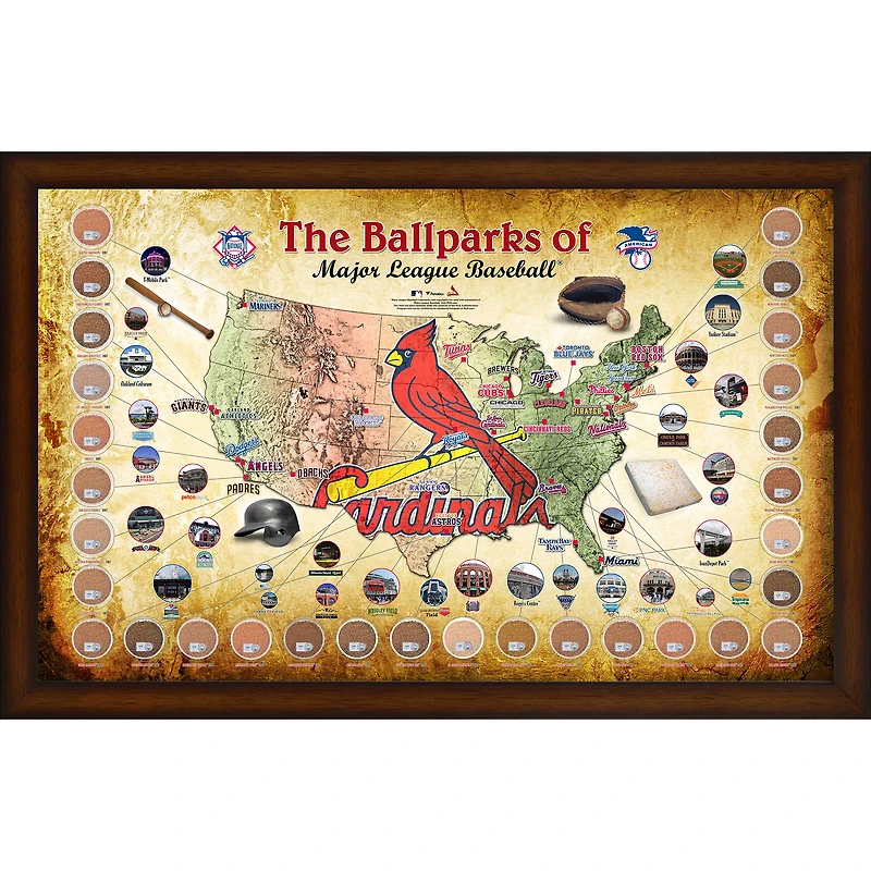 St. Louis Cardinals Framed 20" x 32" MLB Parks Map Collage with Game-Used Dirt from All 30 Stadiums