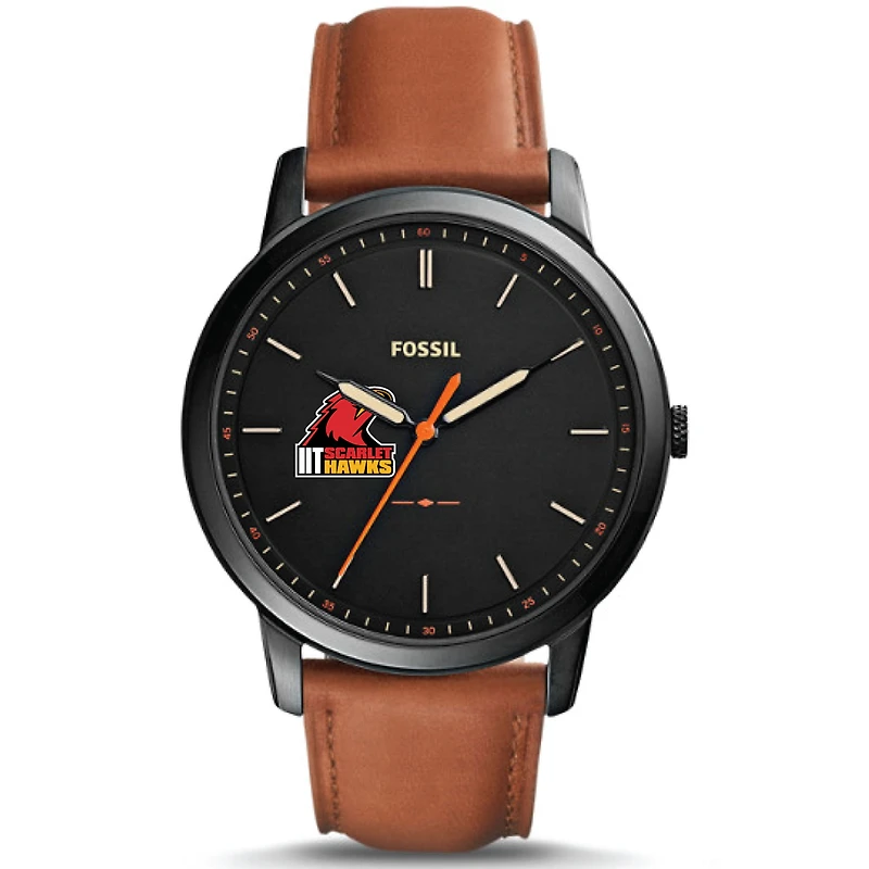 Men's Fossil Black Illinois Tech Scarlet Hawks Minimalist Slim Light Brown Leather Watch