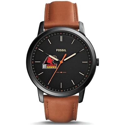 Men's Fossil  Black Illinois Tech Scarlet Hawks Minimalist Slim Light Brown Leather Watch