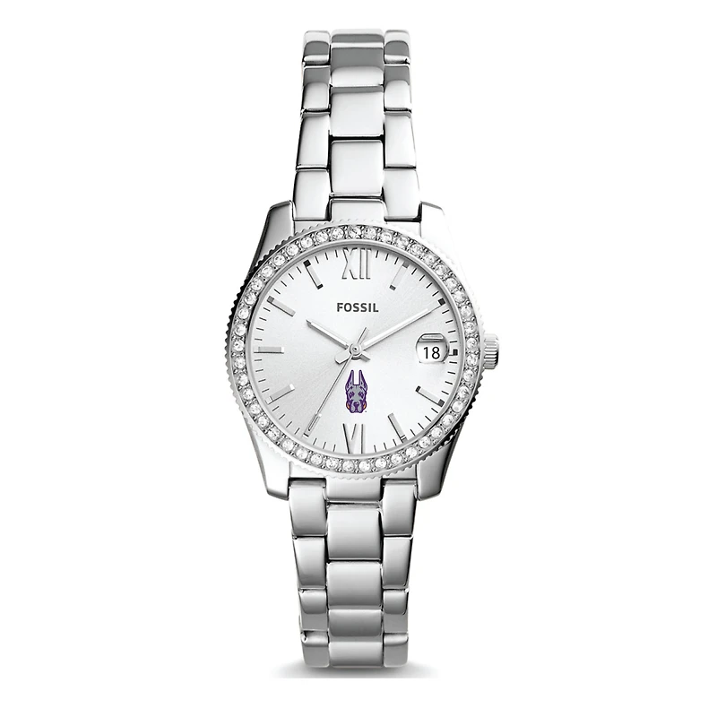 Women's Fossil Silver UAlbany Great Danes Scarlette Mini Three-Hand Date Watch