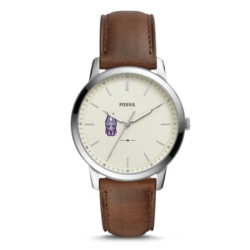 Men's Fossil Silver UAlbany Great Danes The Minimalist Brown Leather Watch