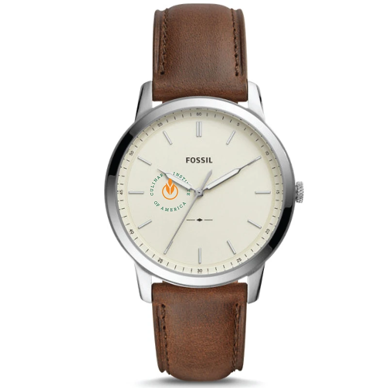 Men's Fossil Silver Culinary Institute of America Steels The Minimalist Brown Leather Watch
