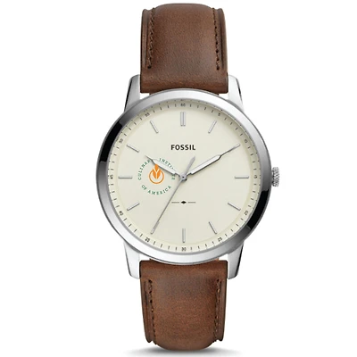 Men's Fossil Silver Culinary Institute of America Steels The Minimalist Brown Leather Watch