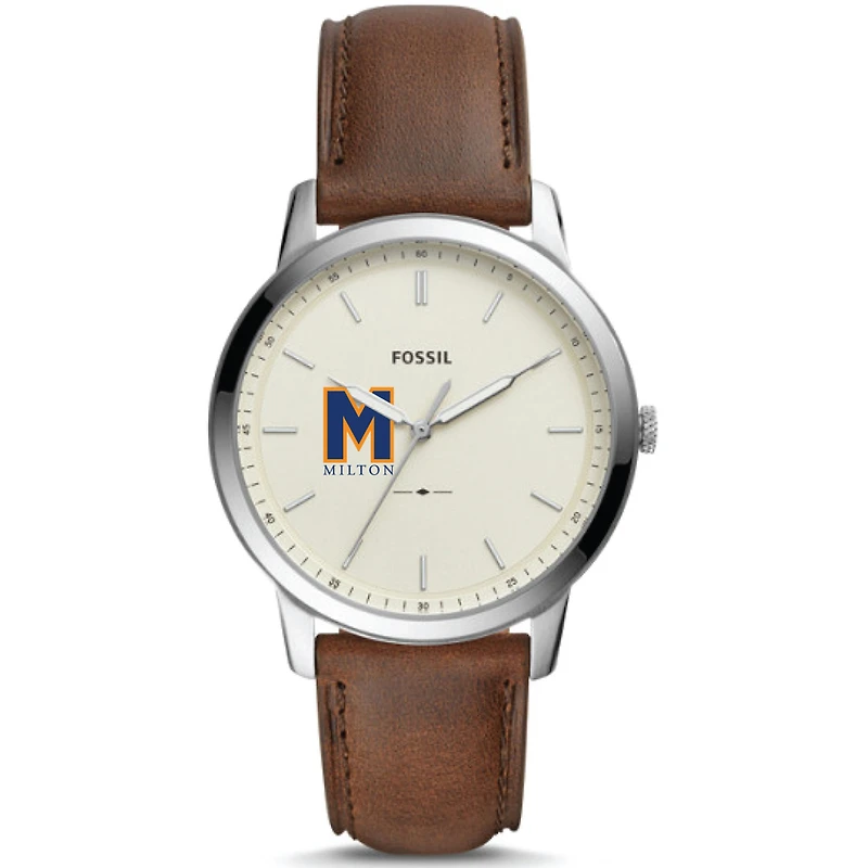 Men's Fossil Silver Milton Academy Mustangs The Minimalist Brown Leather Watch