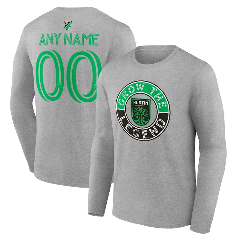 Men's Heather Gray Austin FC The Game Is Everything Personalized Any Name & Number Long Sleeve T-Shirt