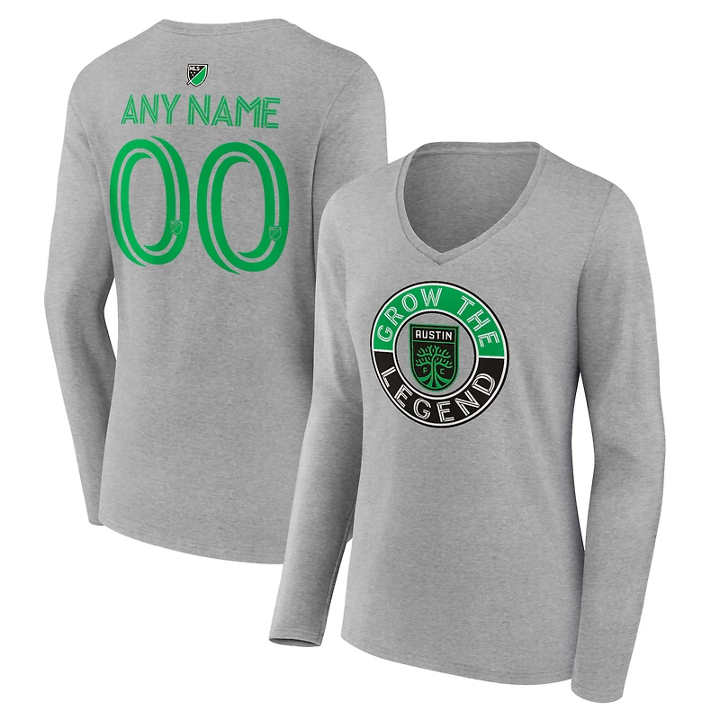 Women's Heather Gray Austin FC The Game Is Everything Personalized Any Name & Number Long Sleeve V-Neck T-Shirt