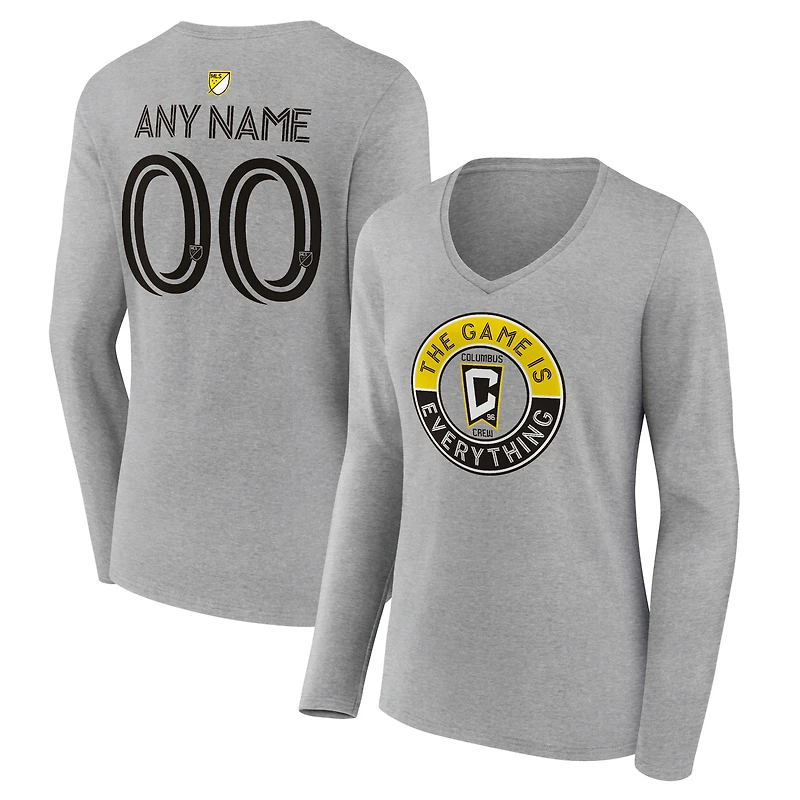 Women's Heather Gray Columbus Crew The Game Is Everything Personalized Any Name & Number Long Sleeve V-Neck T-Shirt