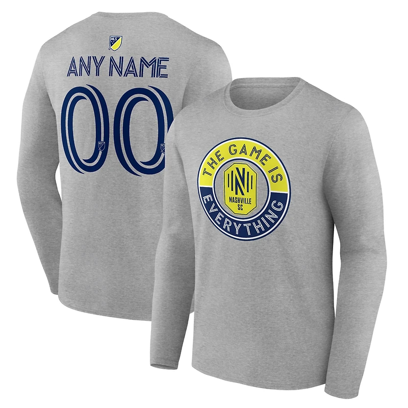 Men's Heather Gray Nashville SC The Game Is Everything Personalized Any Name & Number Long Sleeve T-Shirt