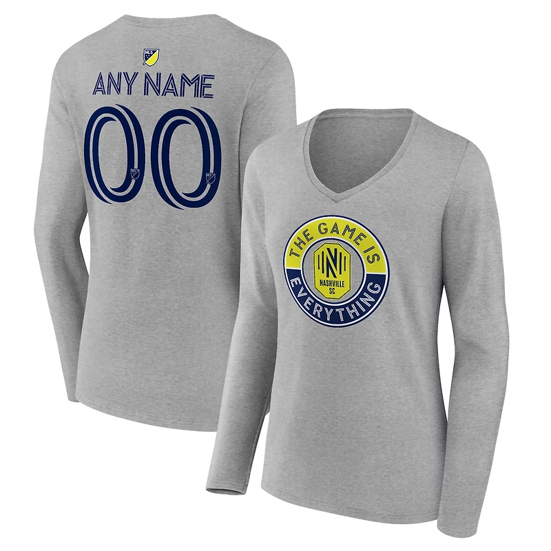 Women's Heather Gray Nashville SC The Game Is Everything Personalized Any Name & Number Long Sleeve V-Neck T-Shirt