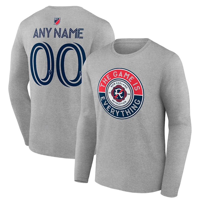 Men's Heather Gray New England Revolution The Game Is Everything Personalized Any Name & Number Long Sleeve T-Shirt