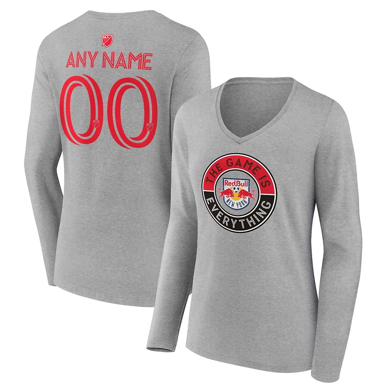 Women's Heather Gray New York Red Bulls The Game Is Everything Personalized Any Name & Number Long Sleeve V-Neck T-Shirt