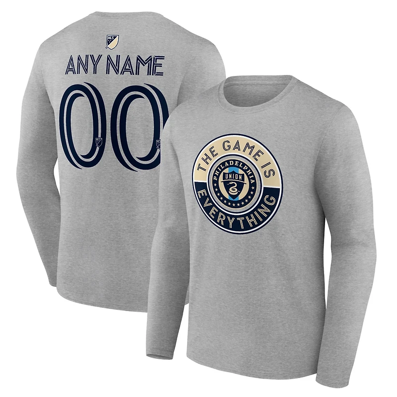 Men's Heather Gray Philadelphia Union The Game Is Everything Personalized Any Name & Number Long Sleeve T-Shirt