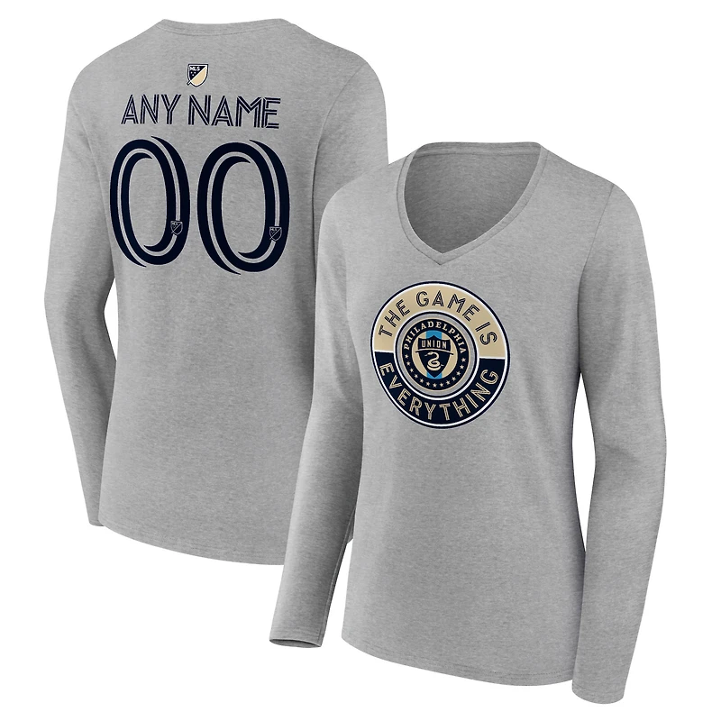 Women's Heather Gray Philadelphia Union The Game Is Everything Personalized Any Name & Number Long Sleeve V-Neck T-Shirt