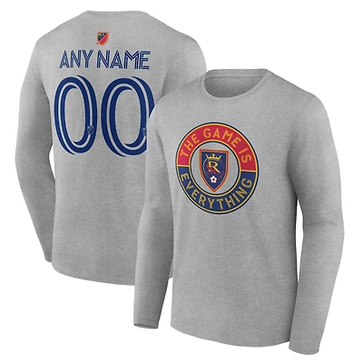 Men's Heather Gray Real Salt Lake The Game Is Everything Personalized Any Name & Number Long Sleeve T-Shirt