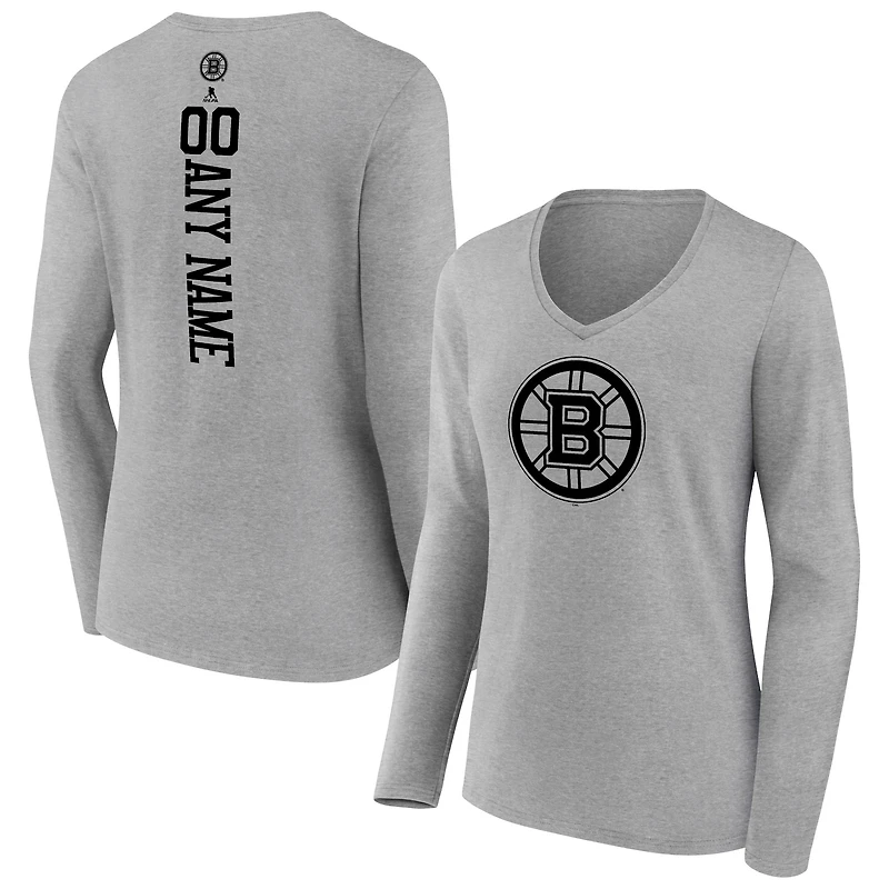 Women's Heather Gray Boston Bruins Personalized Name & Number Long Sleeve V-Neck T-Shirt