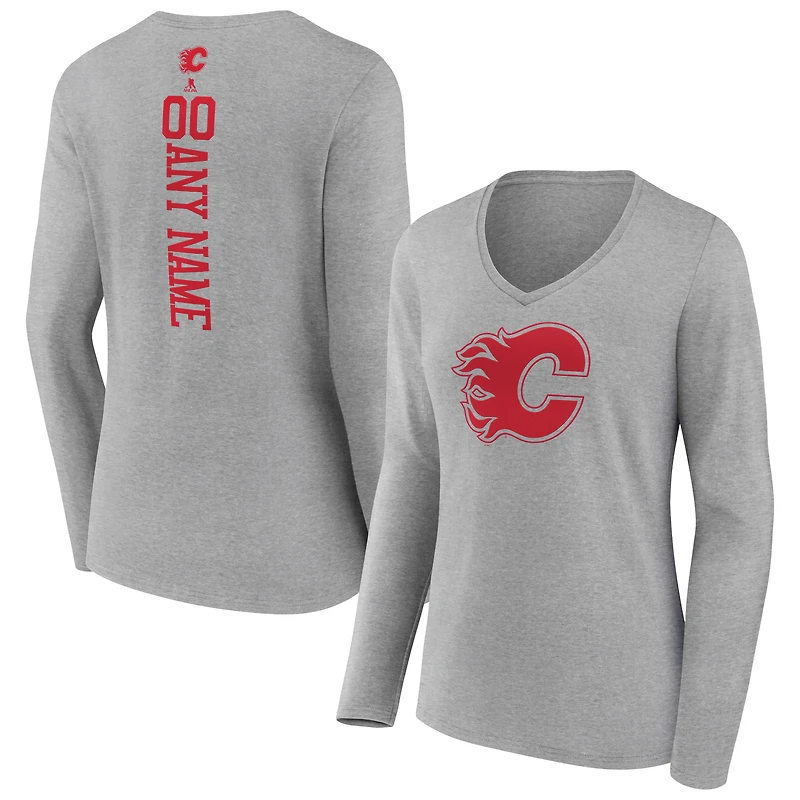 Women's Heather Gray Calgary Flames Personalized Name & Number Long Sleeve V-Neck T-Shirt