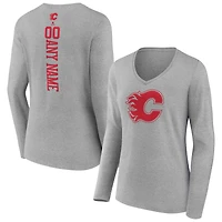 Women's Heather Gray Calgary Flames Personalized Name & Number Long Sleeve V-Neck T-Shirt