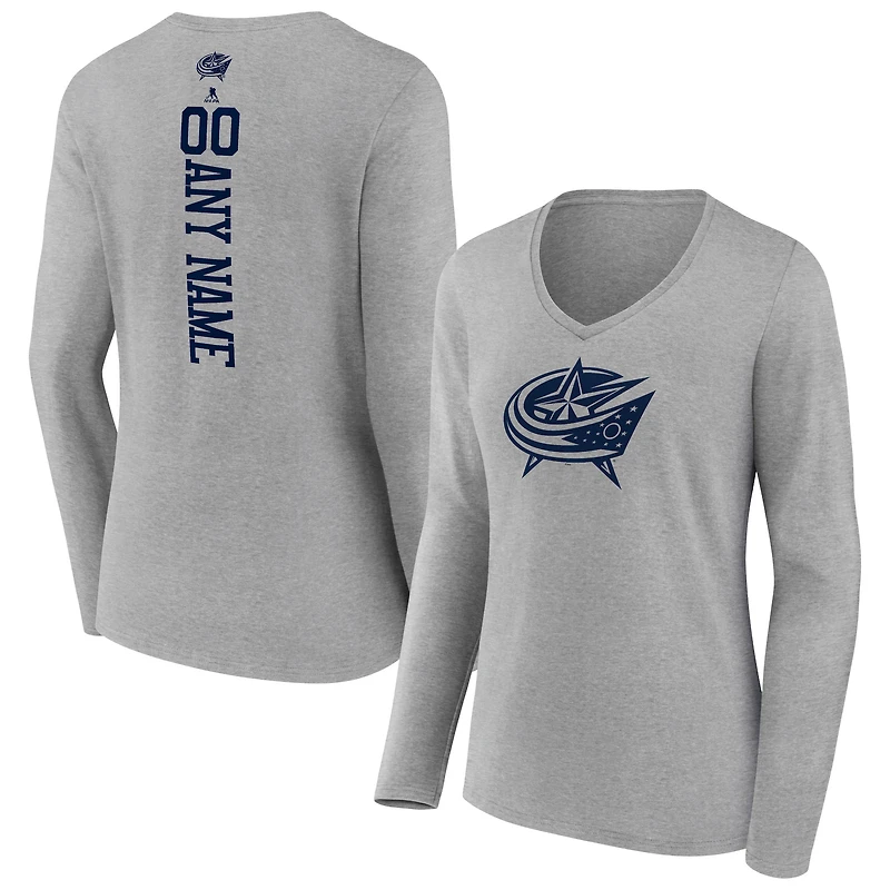 Women's Heather Gray Columbus Blue Jackets Personalized Name & Number Long Sleeve V-Neck T-Shirt