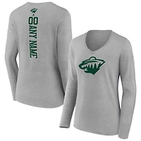 Women's Heather Gray Minnesota Wild Personalized Name & Number Long Sleeve V-Neck T-Shirt
