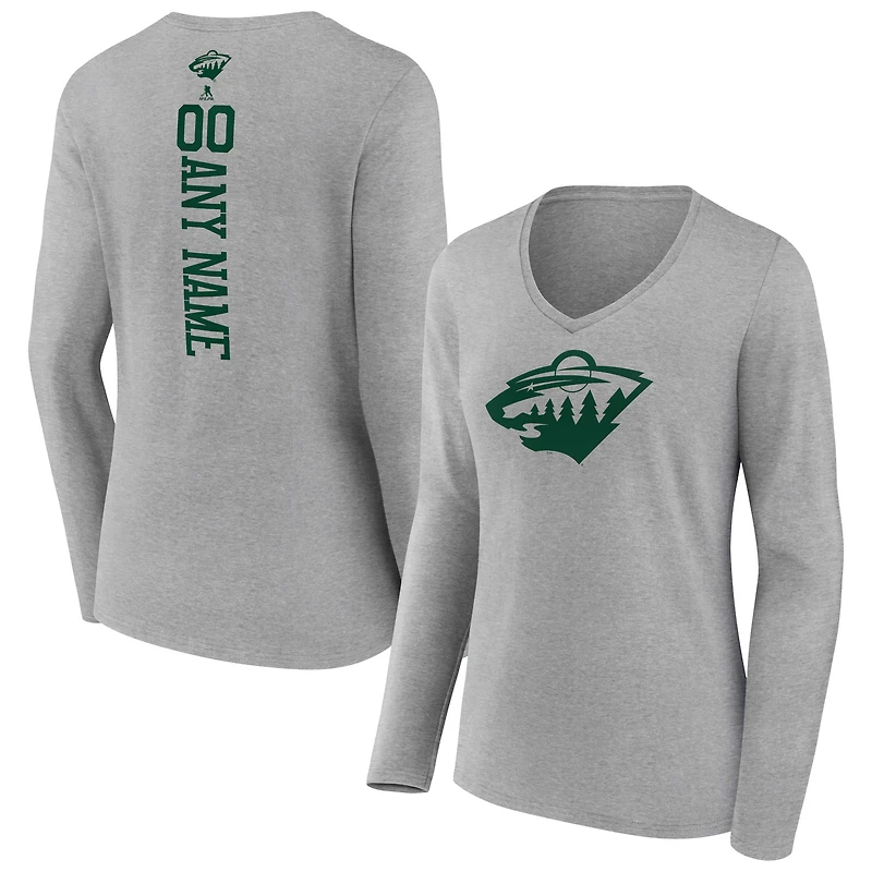 Women's Heather Gray Minnesota Wild Personalized Name & Number Long Sleeve V-Neck T-Shirt