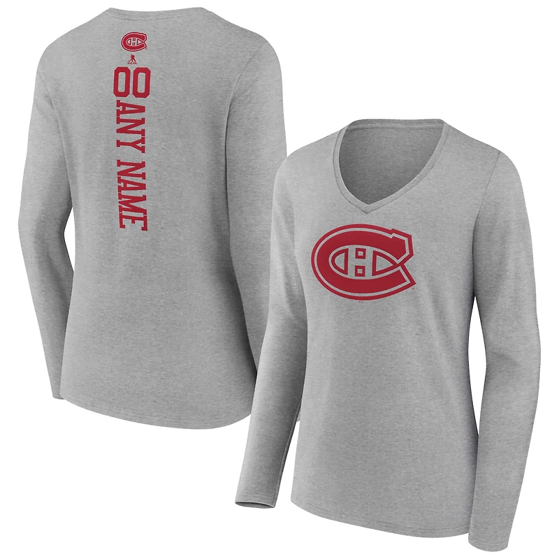 Women's Heather Gray Montreal Canadiens Personalized Name & Number Long Sleeve V-Neck T-Shirt