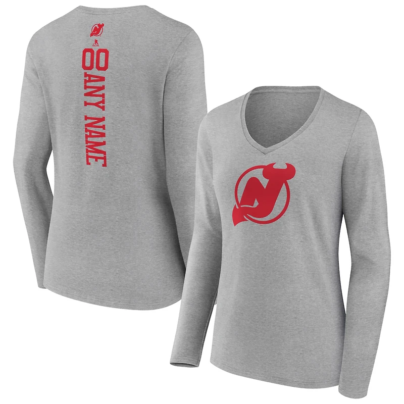 Women's Heather Gray New Jersey Devils Personalized Name & Number Long Sleeve V-Neck T-Shirt