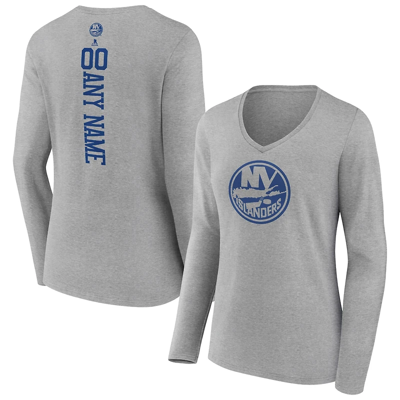 Women's Heather Gray New York Islanders Personalized Name & Number Long Sleeve V-Neck T-Shirt