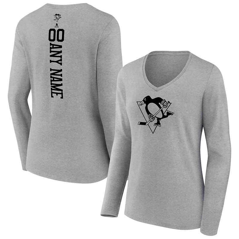 Women's Heather Gray Pittsburgh Penguins Personalized Name & Number Long Sleeve V-Neck T-Shirt