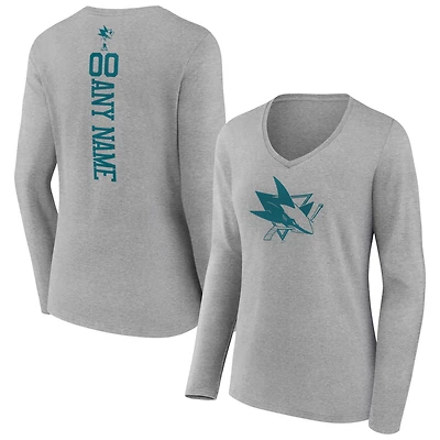 Women's Heather Gray San Jose Sharks Personalized Name & Number Long Sleeve V-Neck T-Shirt