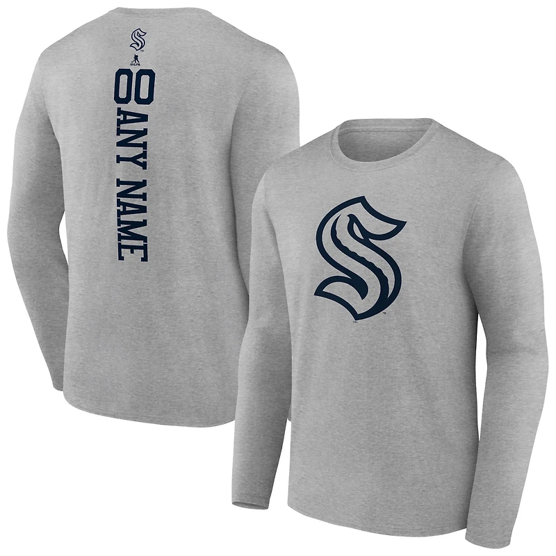 Men's Heather Gray Seattle Kraken Personalized Name & Number Long Sleeve T-Shirt