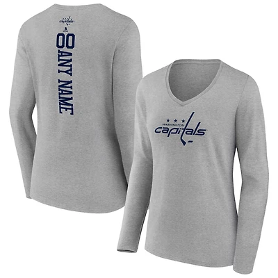 Women's Heather Gray Washington Capitals Personalized Name & Number Long Sleeve V-Neck T-Shirt