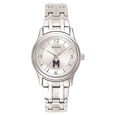 Women's Bulova Silver Milton Academy Mustangs Silver-Tone Dial Stainless Steel Quartz Watch