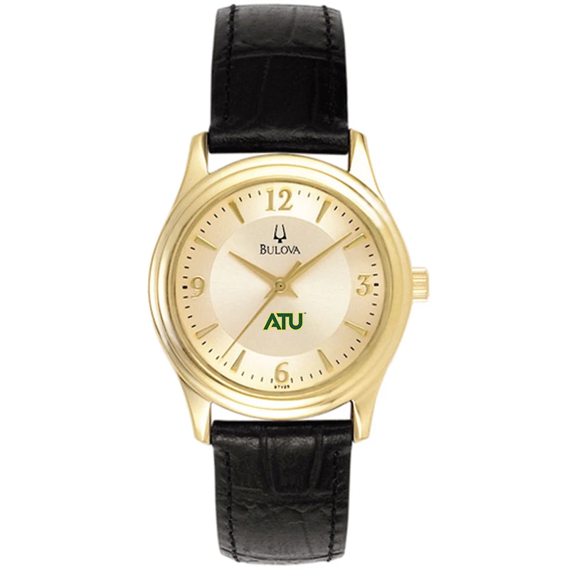 Women's Bulova Gold/Black Arkansas Tech Wonder Boys Stainless Steel Watch with Leather Band