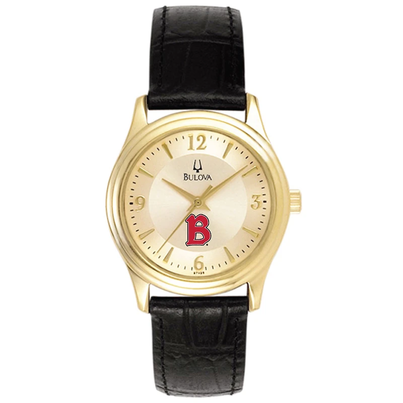 Women's Bulova Gold/Black Benedictine Eagles Stainless Steel Watch with Leather Band