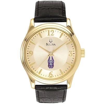 Men's Bulova Gold/Black UAlbany Great Danes Stainless Steel Watch with Leather Band