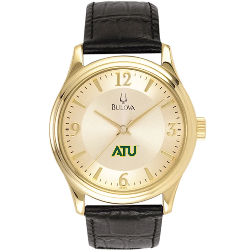Men's Bulova Gold/Black Arkansas Tech Wonder Boys Stainless Steel Watch with Leather Band