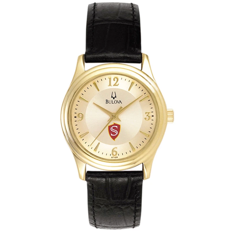 Women's Bulova  Gold/Black Cal State Stanislaus Warriors Stainless Steel Watch with Leather Band