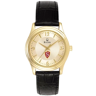 Women's Bulova Gold/Black Cal State Stanislaus Warriors Stainless Steel Watch with Leather Band