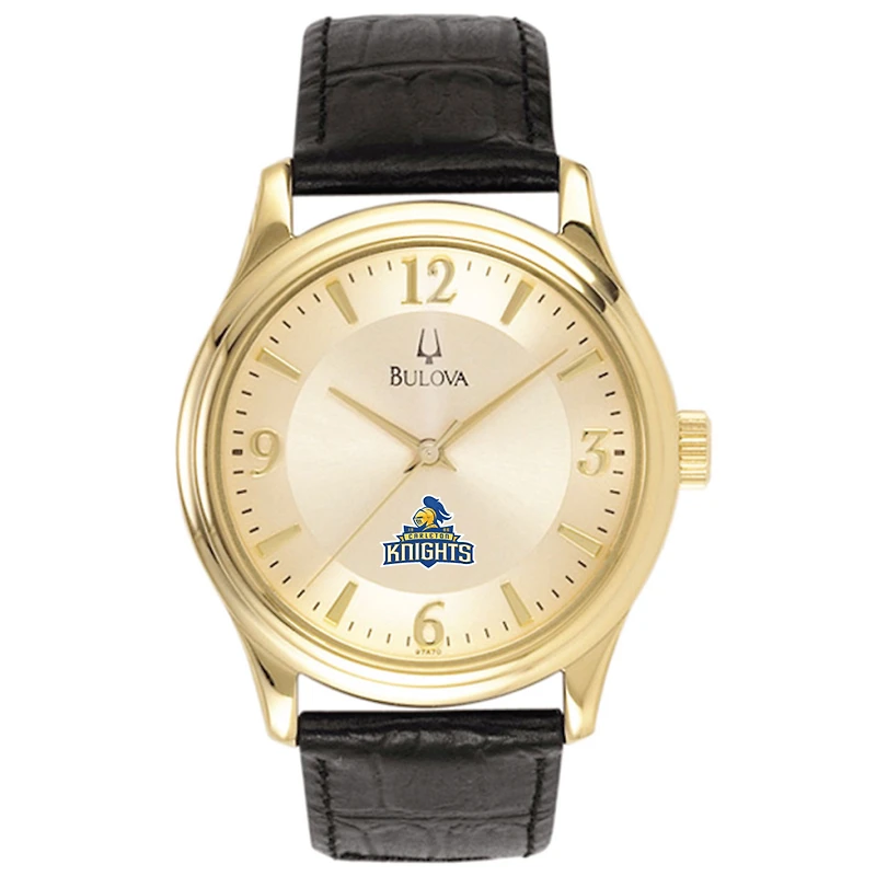 Men's Bulova Gold/Black Carleton Knights Stainless Steel Watch with Leather Band