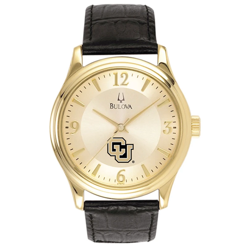 Men's Bulova Gold/Black Colorado Anschutz Medical Campus Stainless Steel Watch with Leather Band