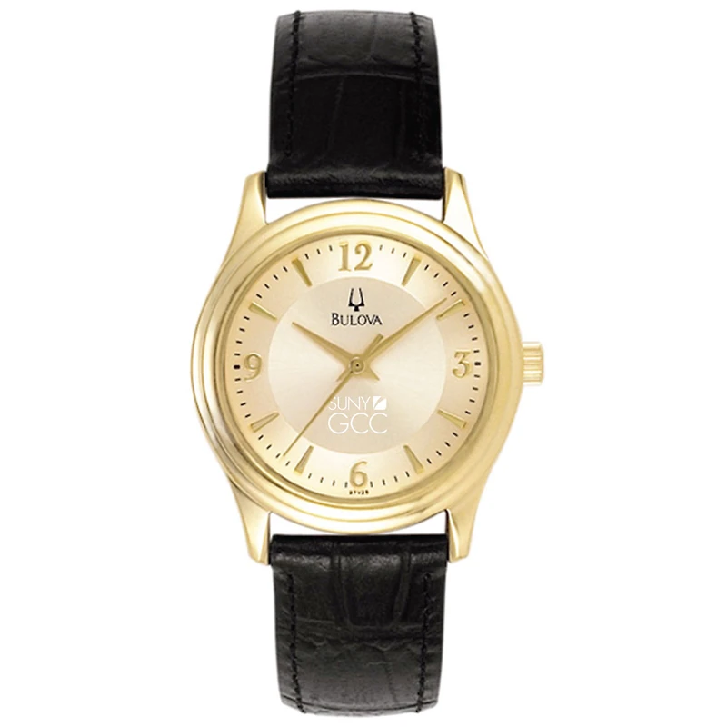 Women's Bulova Gold/Black SUNY Genesee Community College Stainless Steel Watch with Leather Band