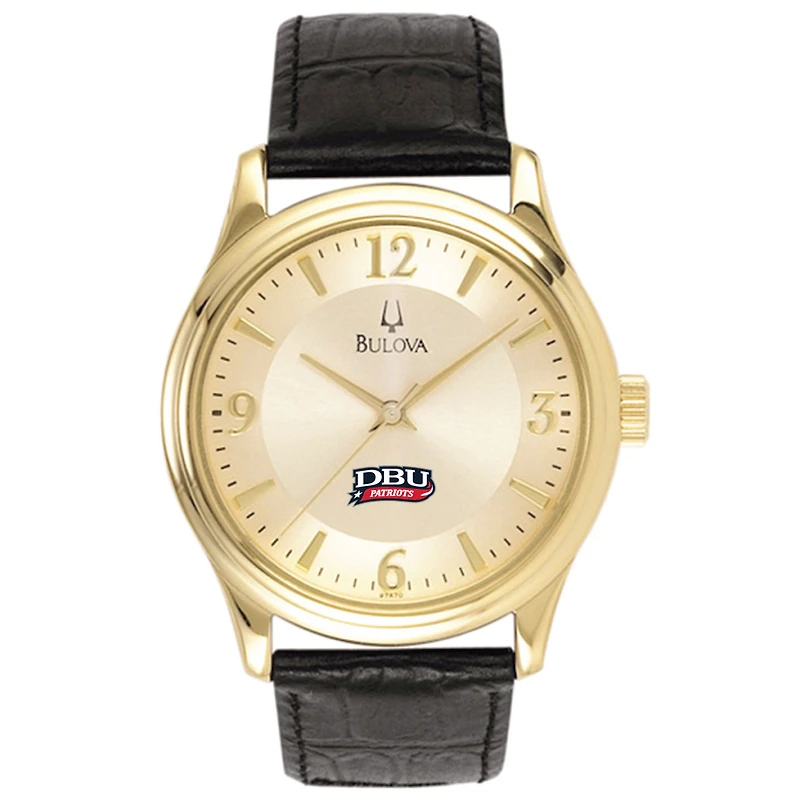 Men's Bulova Gold/Black Dallas Baptist Patriots Stainless Steel Watch with Leather Band