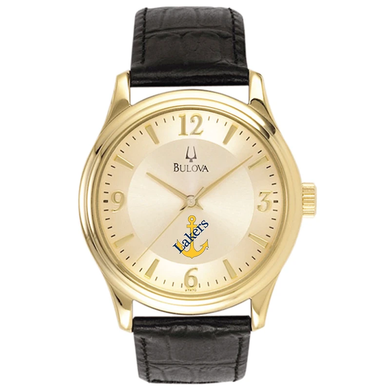 Men's Bulova Gold/Black Lake Superior State Lakers Stainless Steel Watch with Leather Band