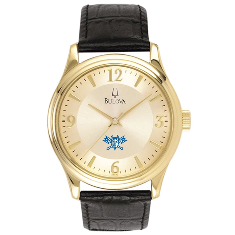 Men's Bulova Gold/Black Lawrence Technological University Blue Devils Stainless Steel Watch with Leather Band