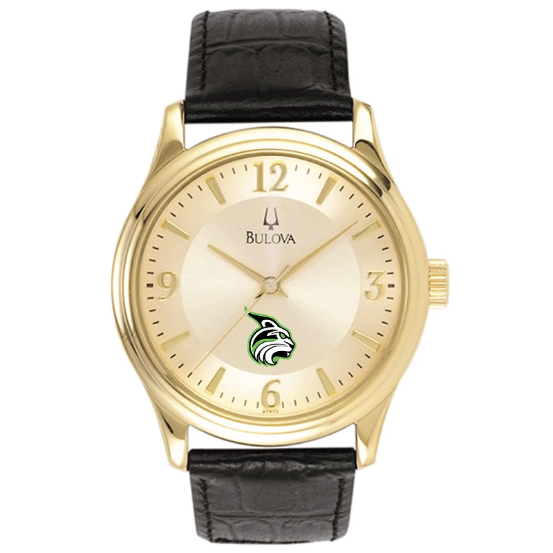 Men's Bulova Gold/Black Lesley Lynx Stainless Steel Watch with Leather Band