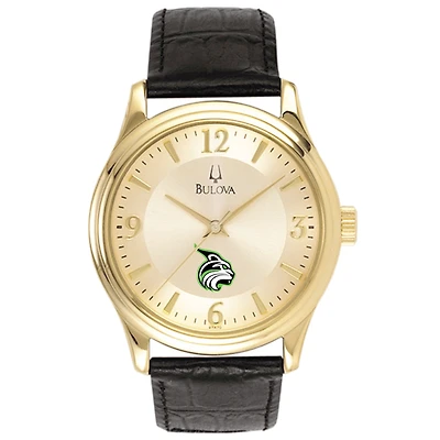 Men's Bulova Gold/Black Lesley Lynx Stainless Steel Watch with Leather Band