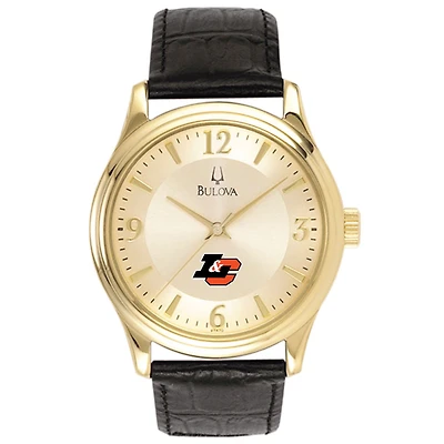 Men's Bulova Gold/Black Lewis & Clark College Pioneers Stainless Steel Watch with Leather Band