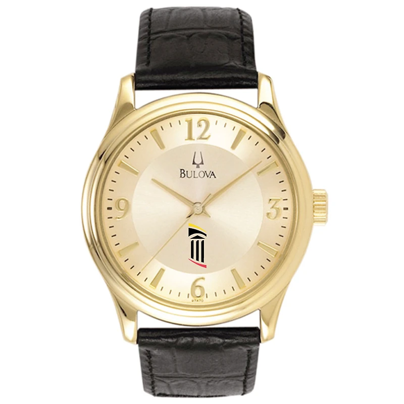 Men's Bulova Gold/Black University of Maryland Baltimore Stainless Steel Watch with Leather Band